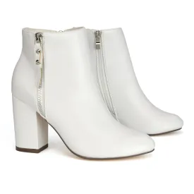 Andrea Pointed Toe Zip Up Statement High Block Heel Ankle Boots In White Synthetic Leather