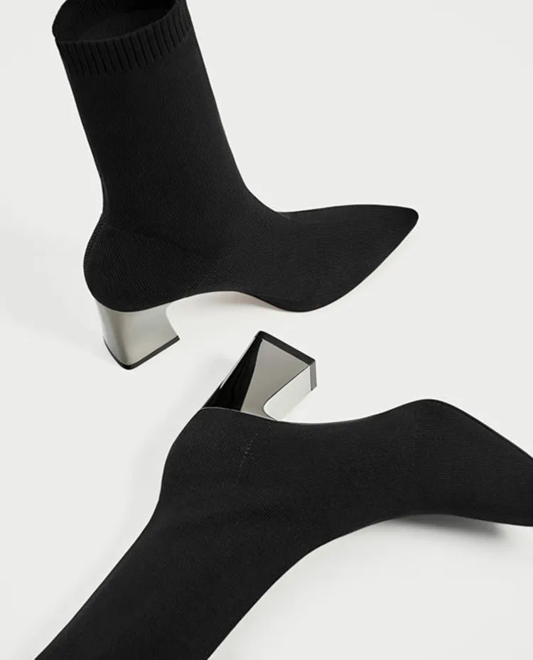 Ankle Stretch Elastic Sock Boots with Chunky High Heel Pointed Toe