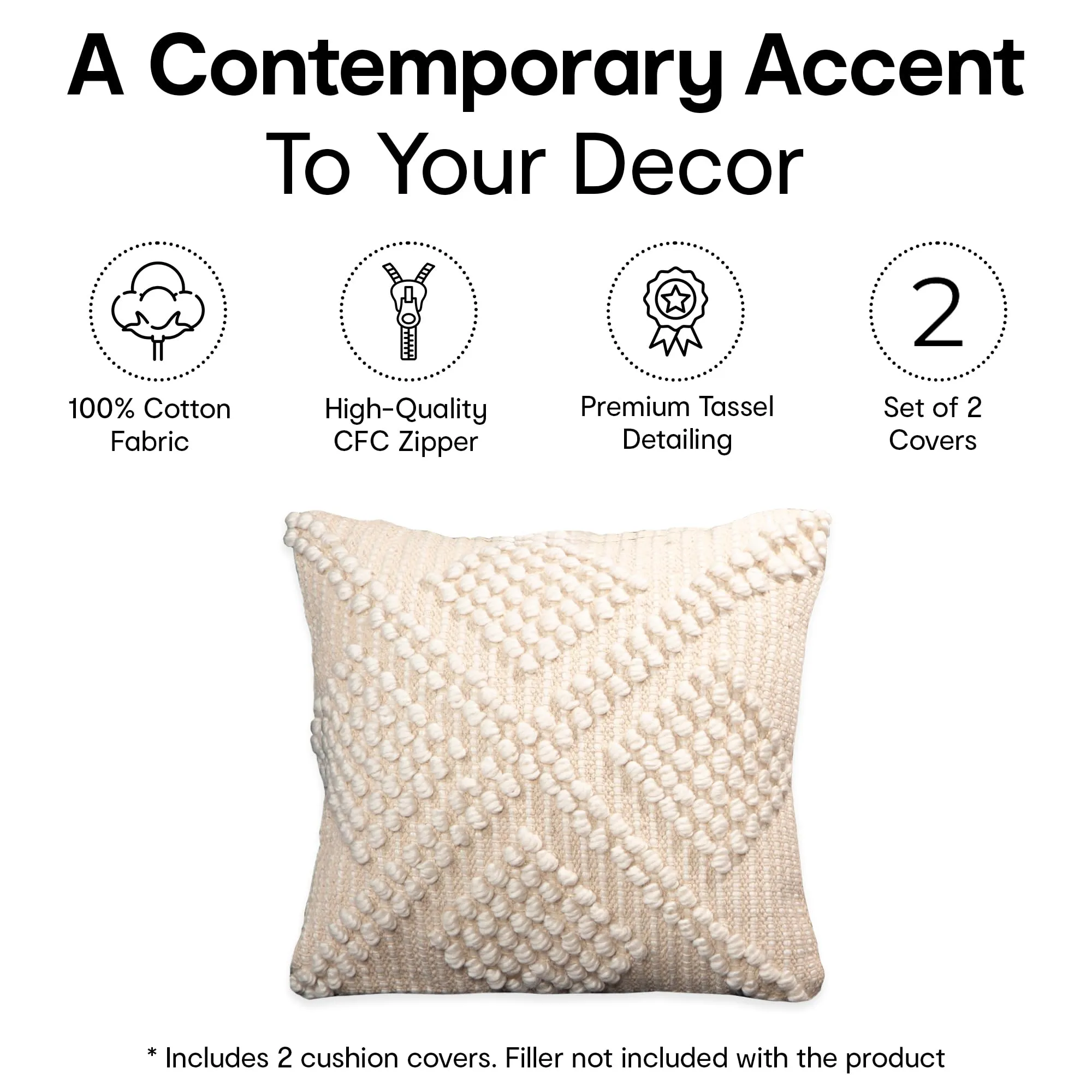 Anko Australia Romy Woven Polyester & Linen Printed Square Cushion Cover Set of 2 | Textured Throw Pillow Covers with Tassels for Sofa & Bed (Without Filler) | 43 x 43 cm Each, Natural & White