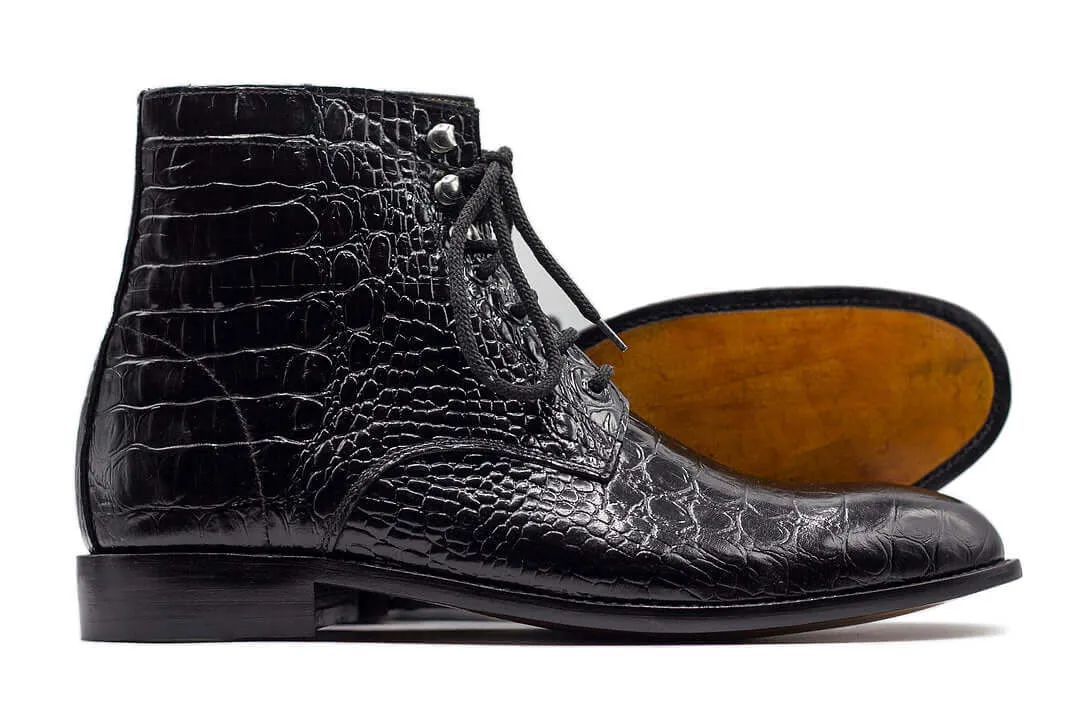 Awesome Handmade Men's Black Alligator Textured Leather Boots, Men Fashion Lace Up Ankle Boots