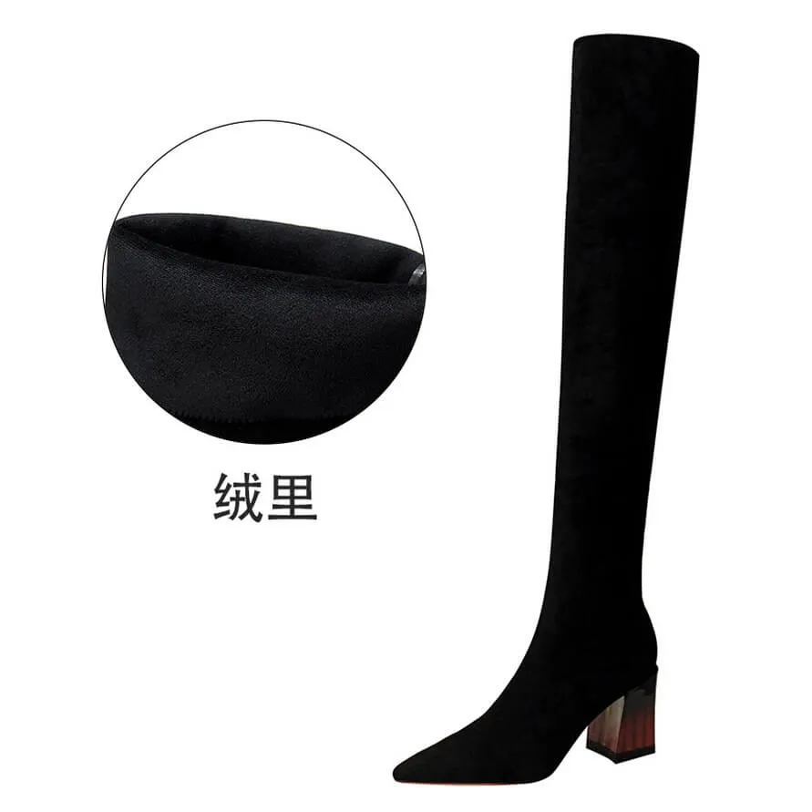 Black Suede Point Toe Chunky Heel Over Knee Boots