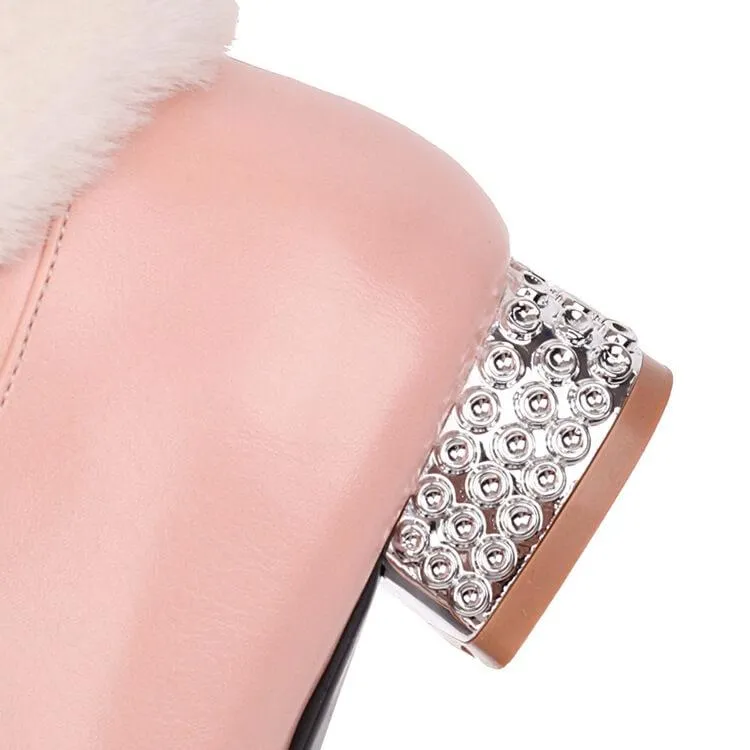 Bow Rhinestone Leather Chunky Heel Ankle Boots