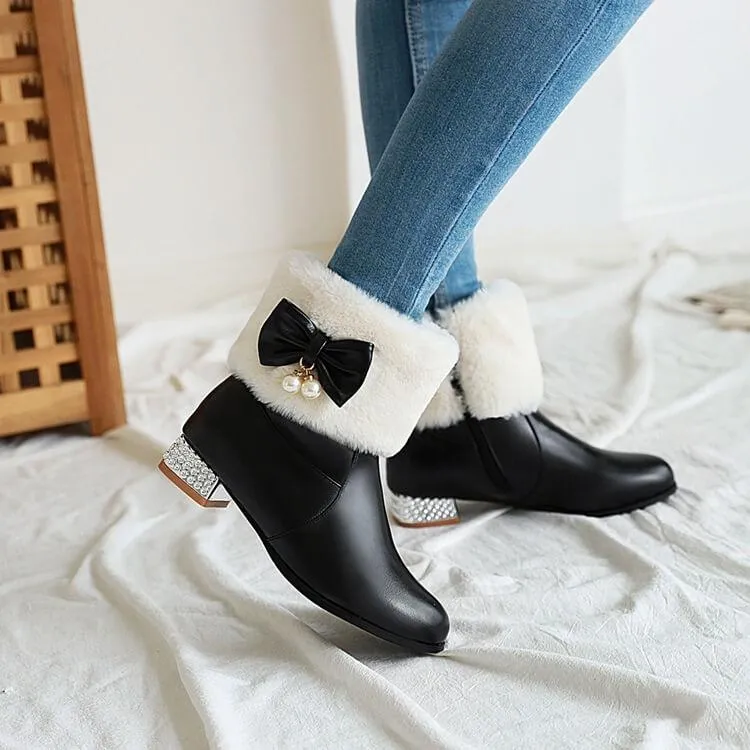 Bow Rhinestone Leather Chunky Heel Ankle Boots