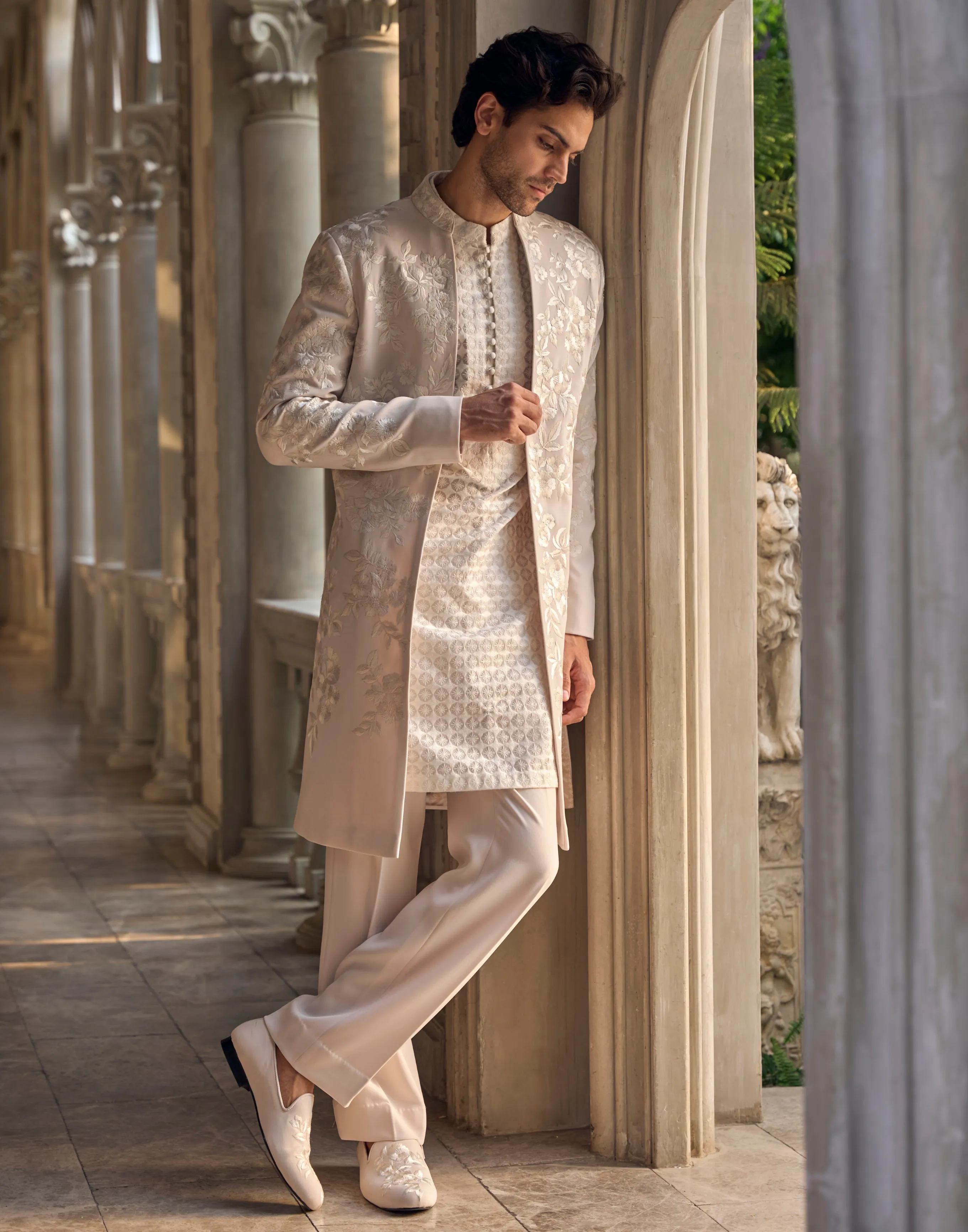 Chapelle Light Beige Open Sherwani Set