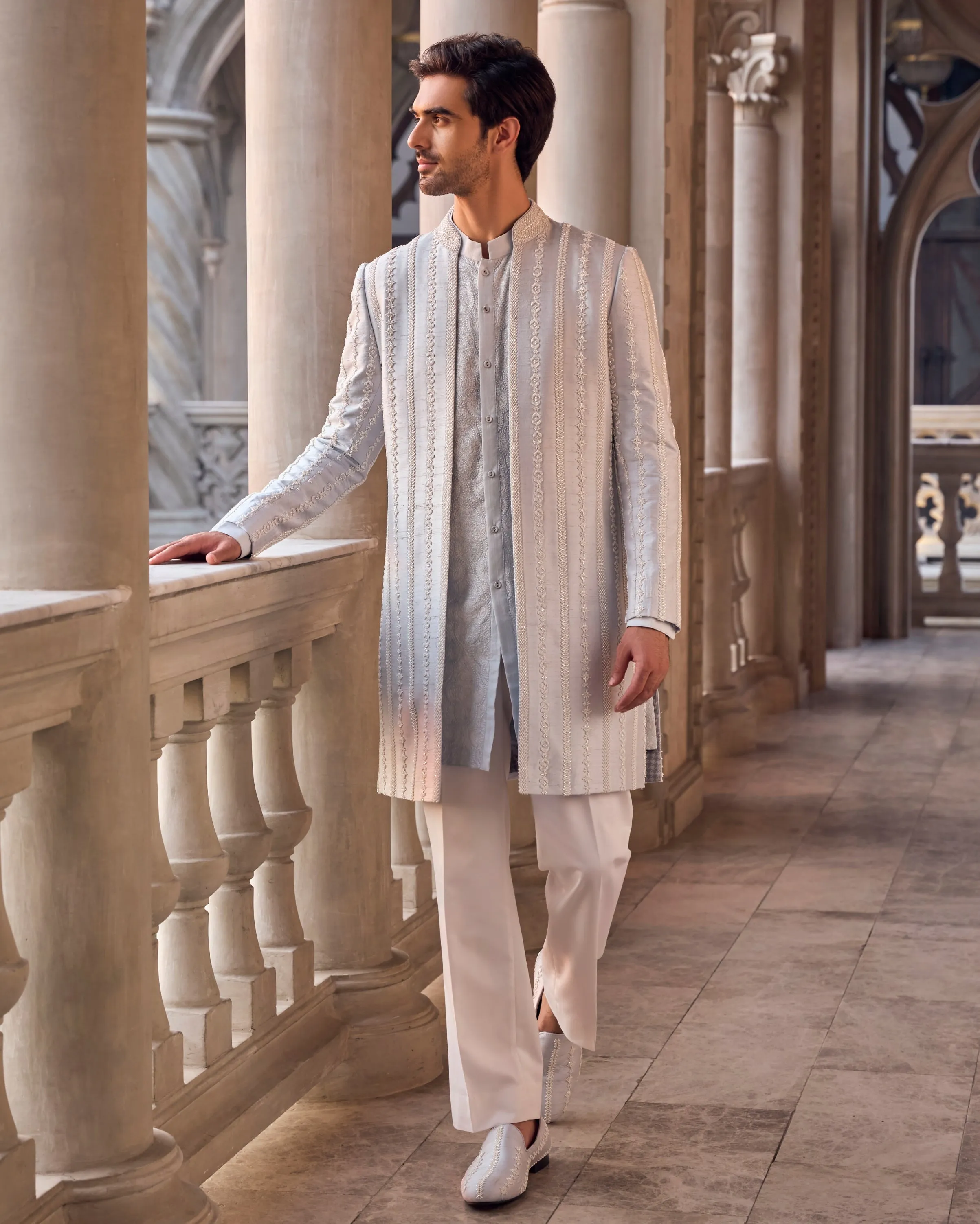 Chapelle Powder Blue Pearl Open Sherwani Set