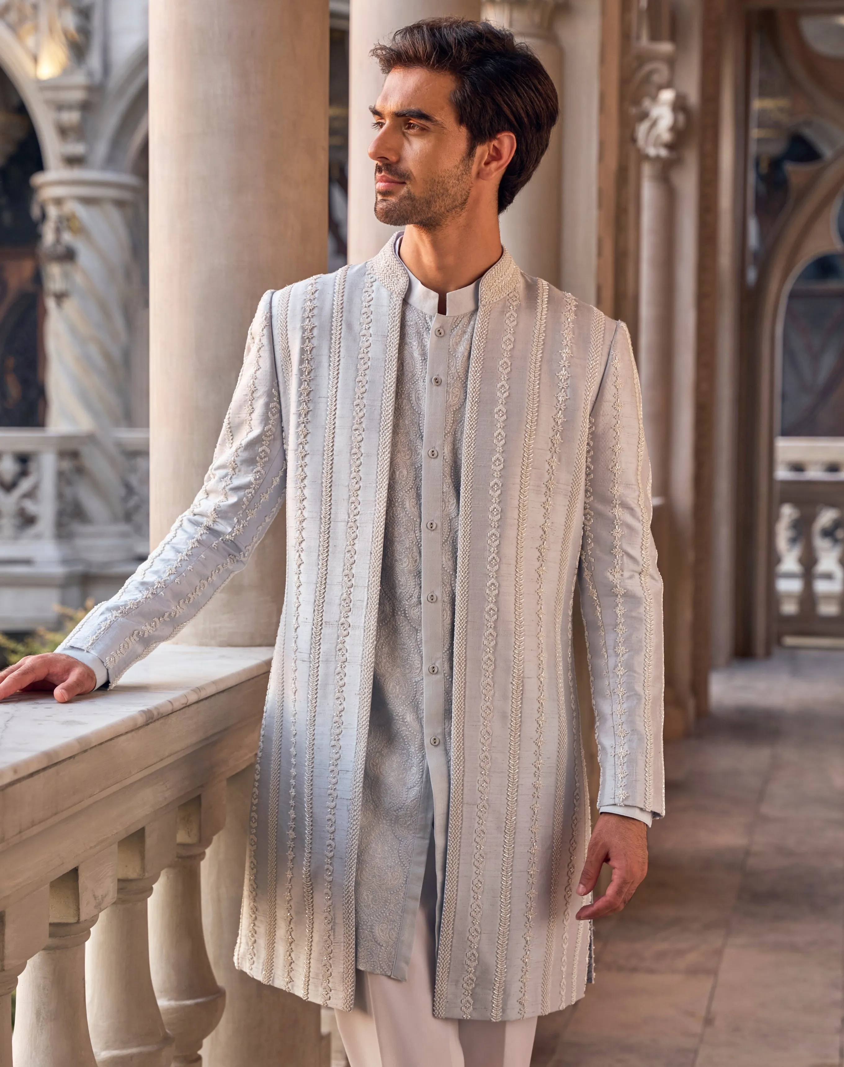 Chapelle Powder Blue Pearl Open Sherwani Set