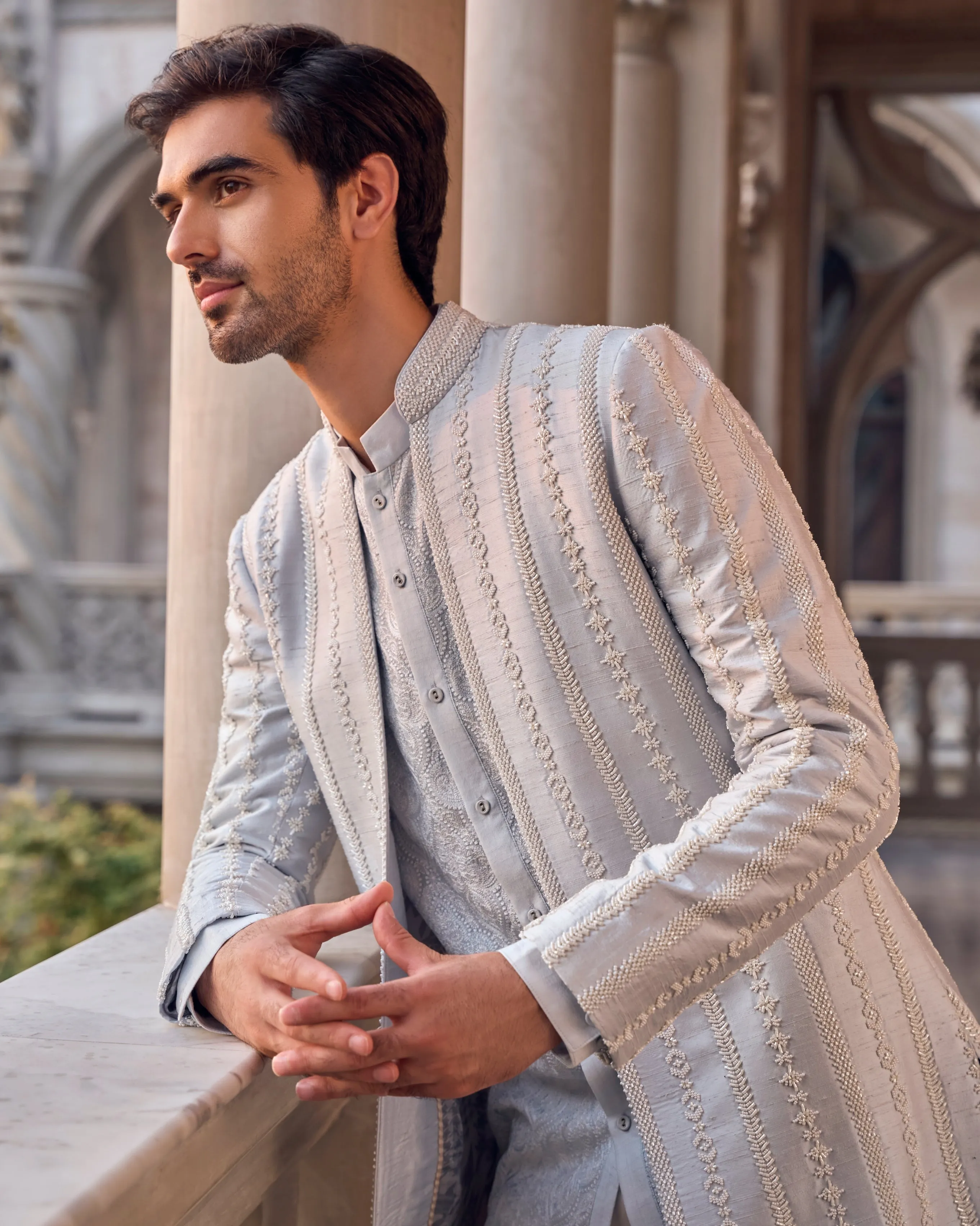 Chapelle Powder Blue Pearl Open Sherwani Set
