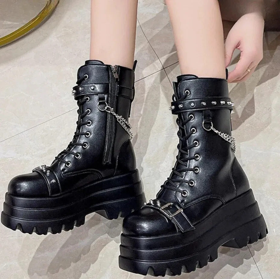 Funki Buys | Boots | Women's Punk Chain Zipper Platform Boots