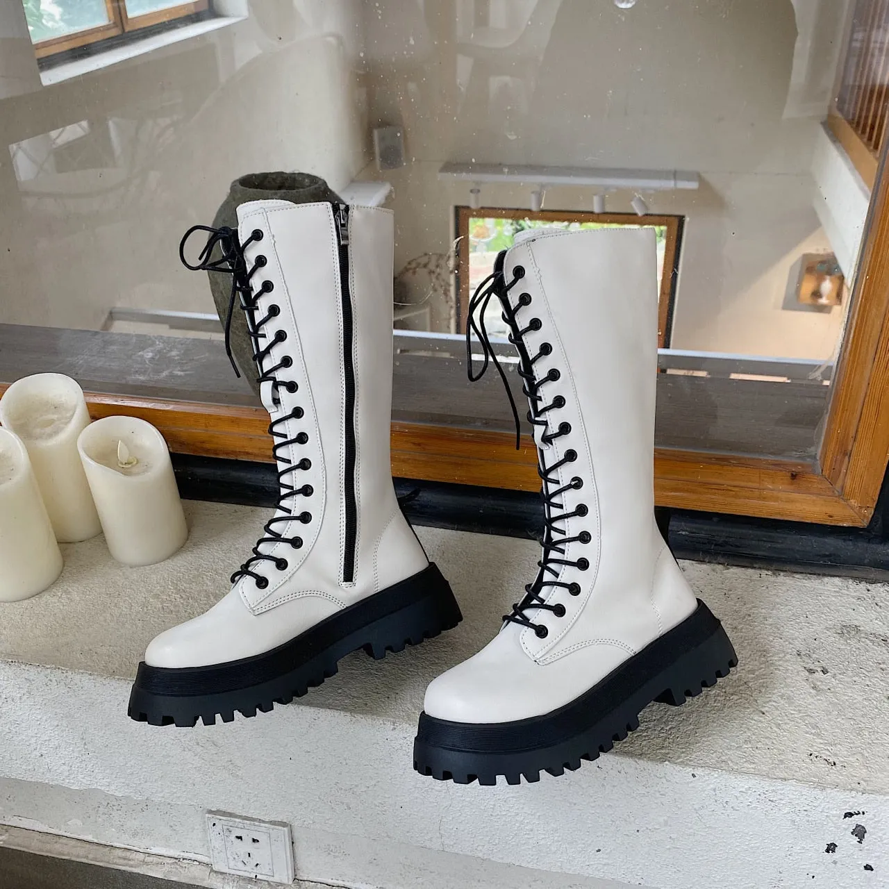 Funki Buys | Boots | Women's White Gothic Punk Lace Up Boots