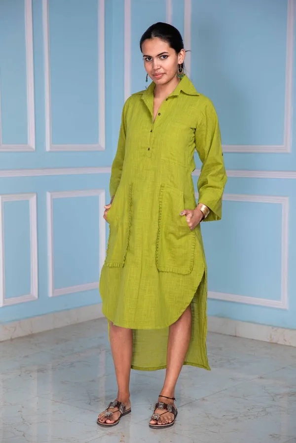 Gleeful Green High Low  Shirt Dress
