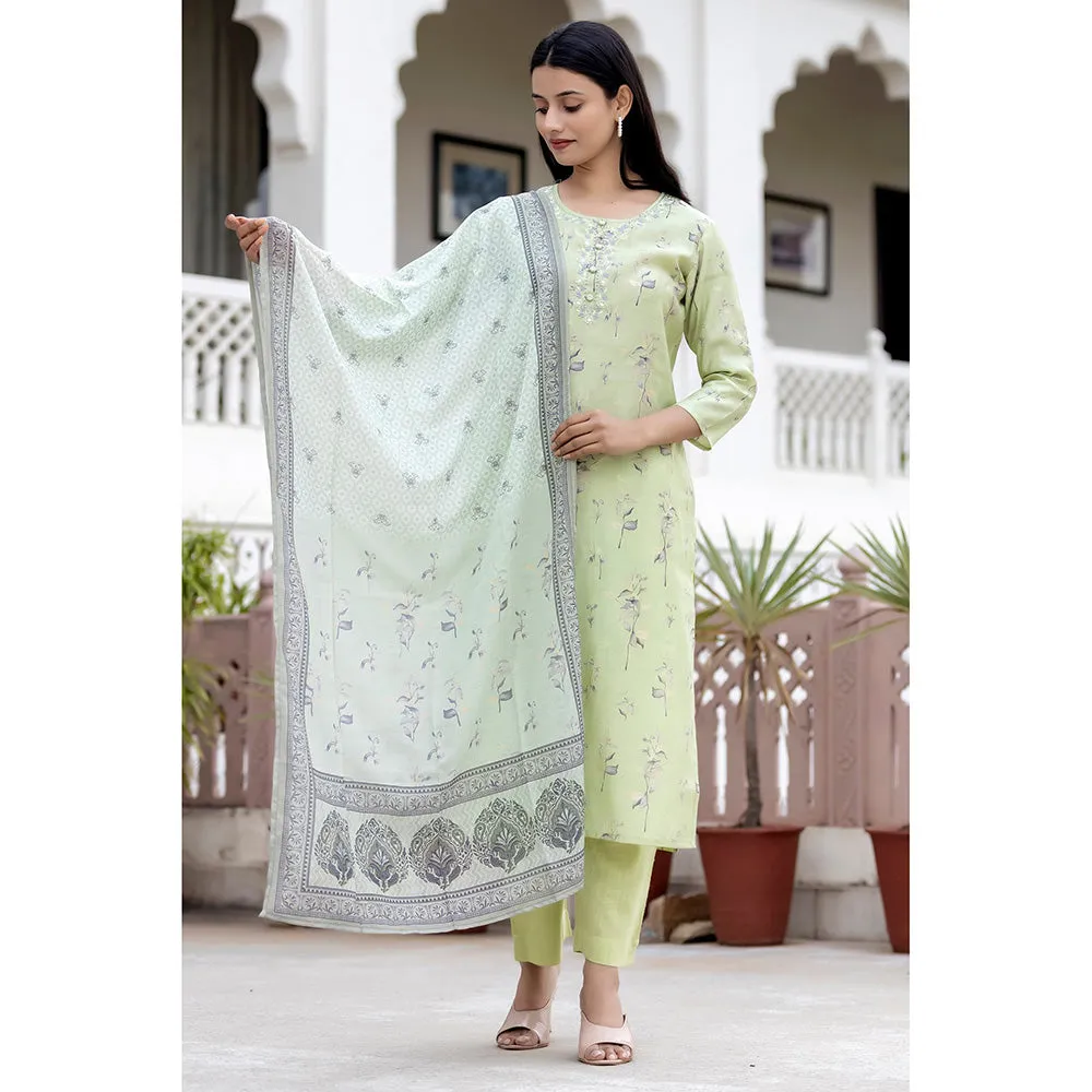KAAJH Green Printed Modal Silk Suit (Set of 3)
