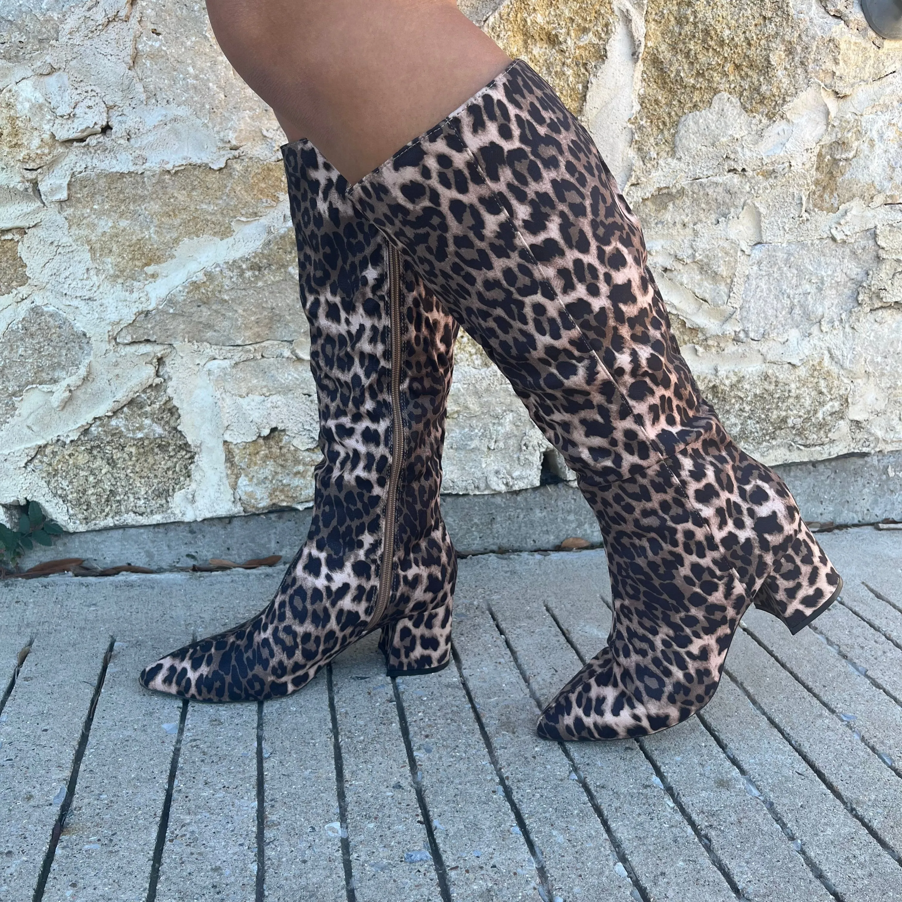 Luxe in Leopard Pointed Toe Knee High Boots