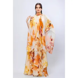 MANDIRA WIRK Apricot Orange Crush Asymmetrical Layered Embroidered Maxi Dress