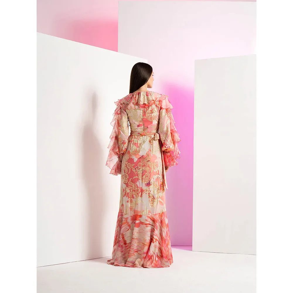 MANDIRA WIRK Casals Couch Brasso Peach Frill Detailed with Asymmetrical Maxi Dress
