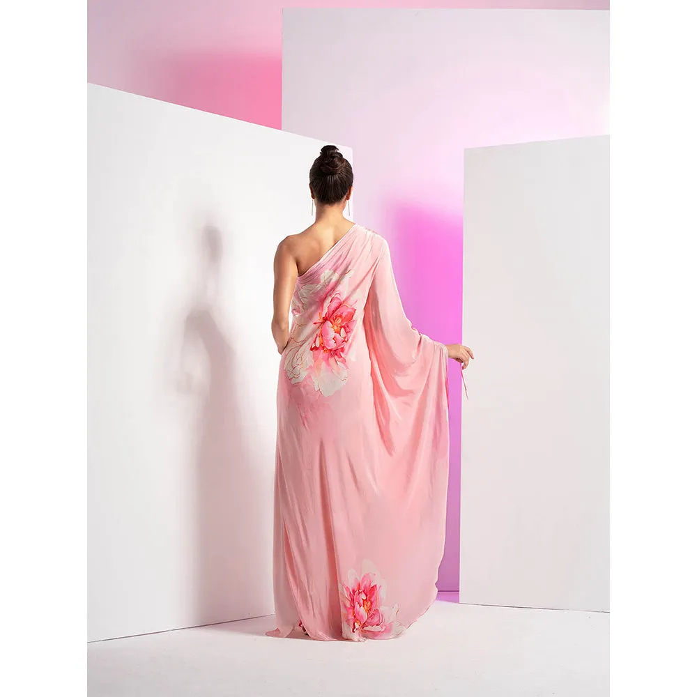 MANDIRA WIRK Champagne Blush Off Shoulder Pleated Floral Maxi Dress with Ombre Fringes