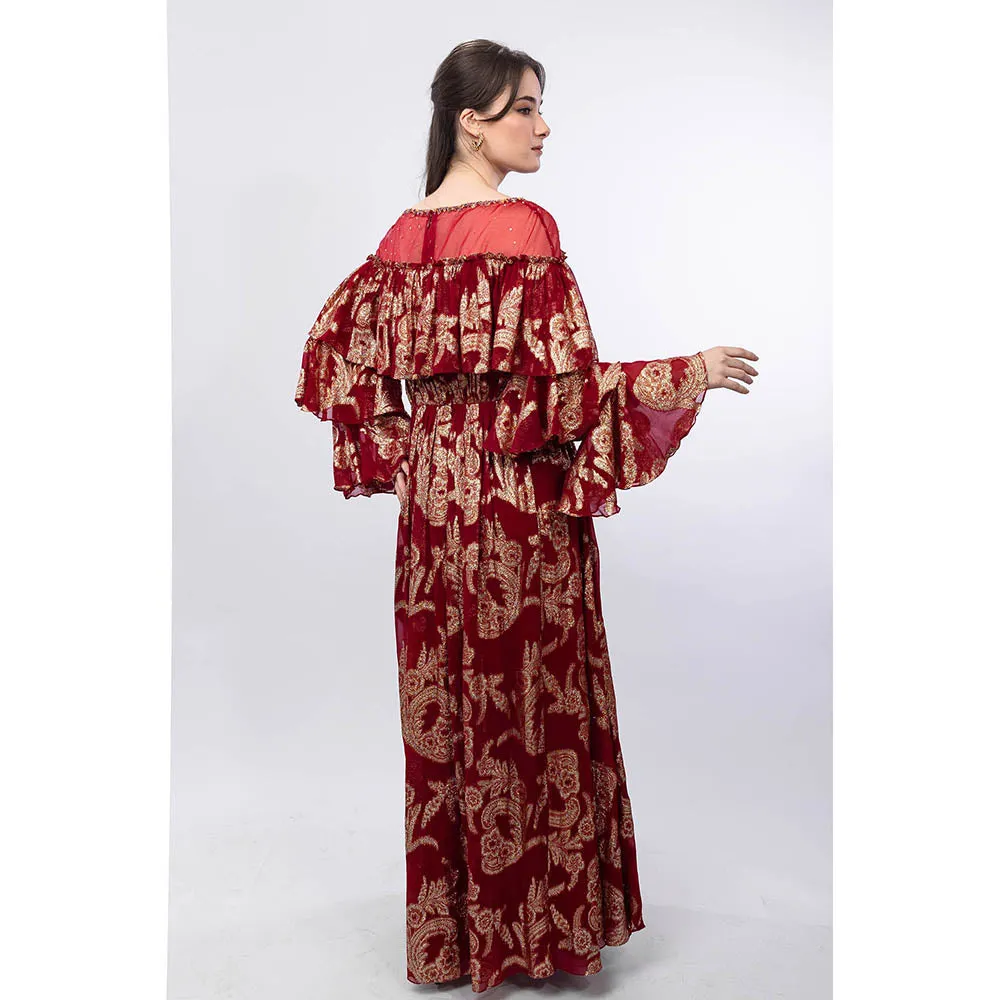 MANDIRA WIRK Radiant Maroon Brasso Ruffled Shoulder Detail Maxi Dress