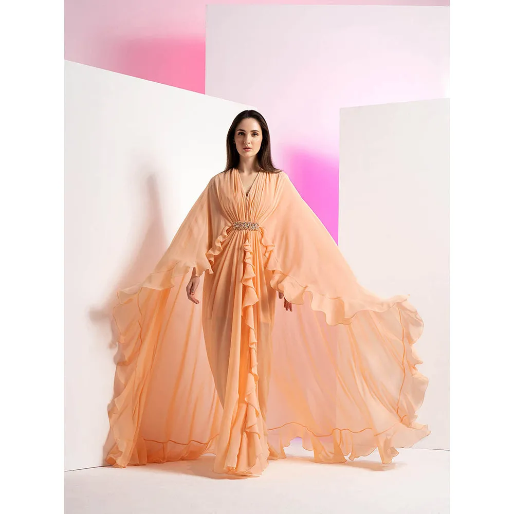 MANDIRA WIRK Salmon Peach Solid Pleated Frilled Cape Maxi Dress