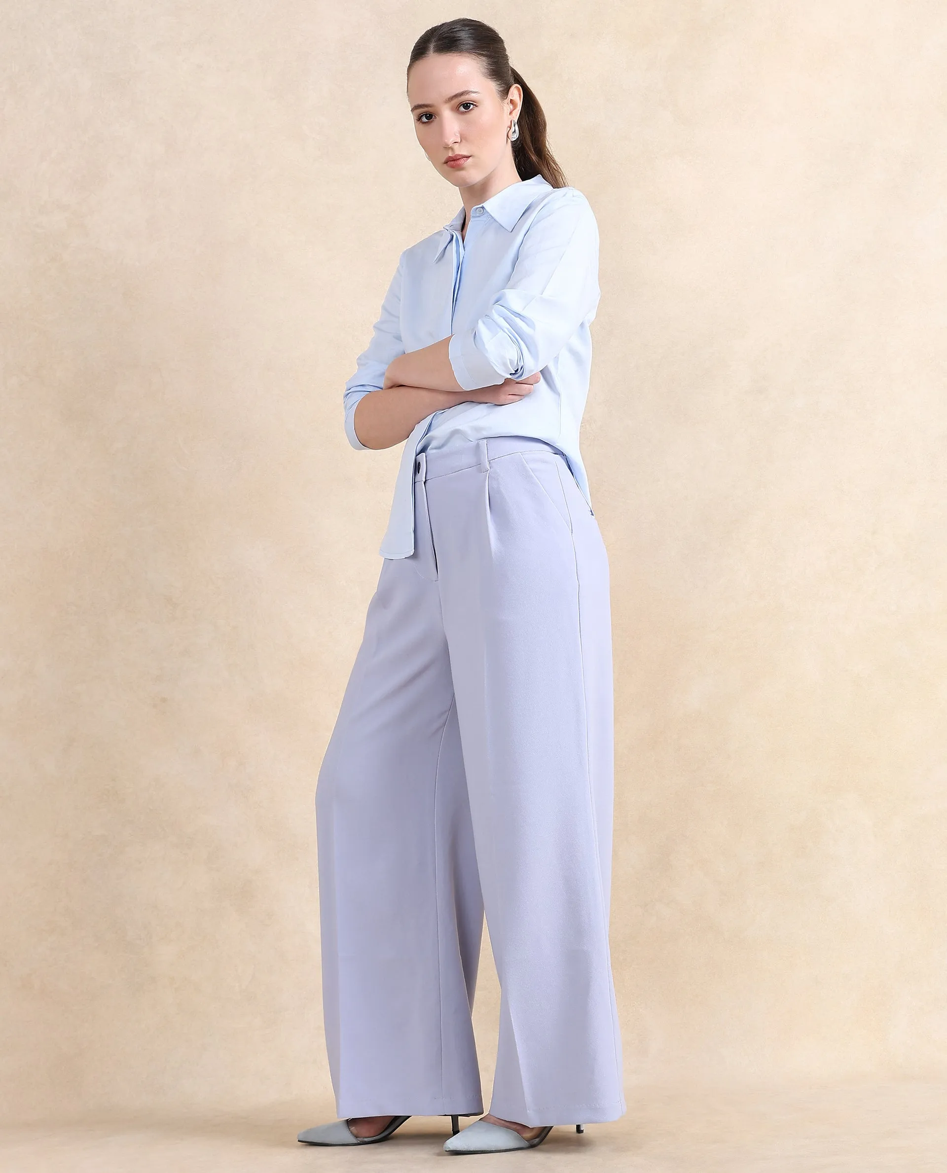Rareism Women Erica Grey Button Closure Wide Fit Ankle Length Plain Trouser