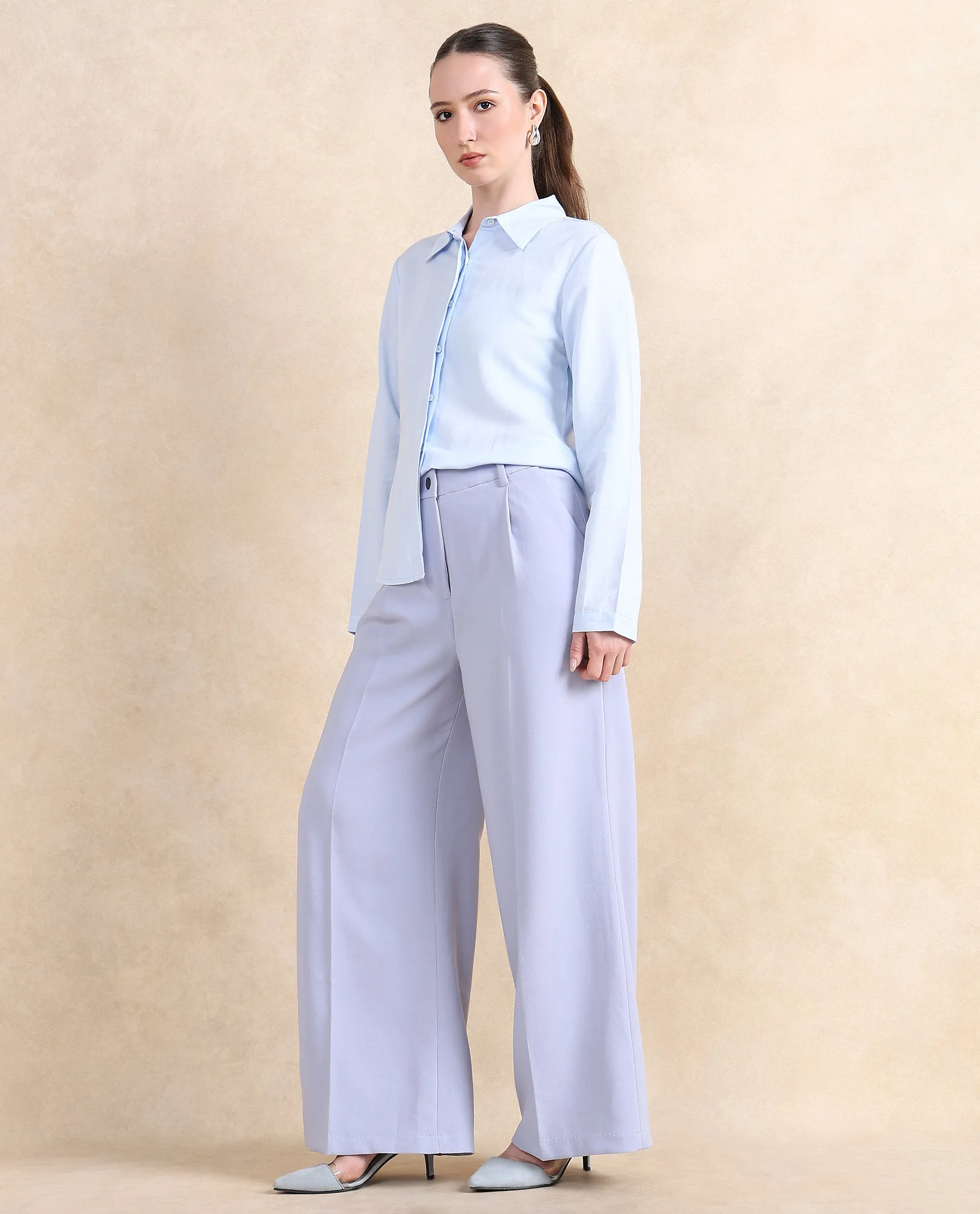 Rareism Women Erica Grey Button Closure Wide Fit Ankle Length Plain Trouser