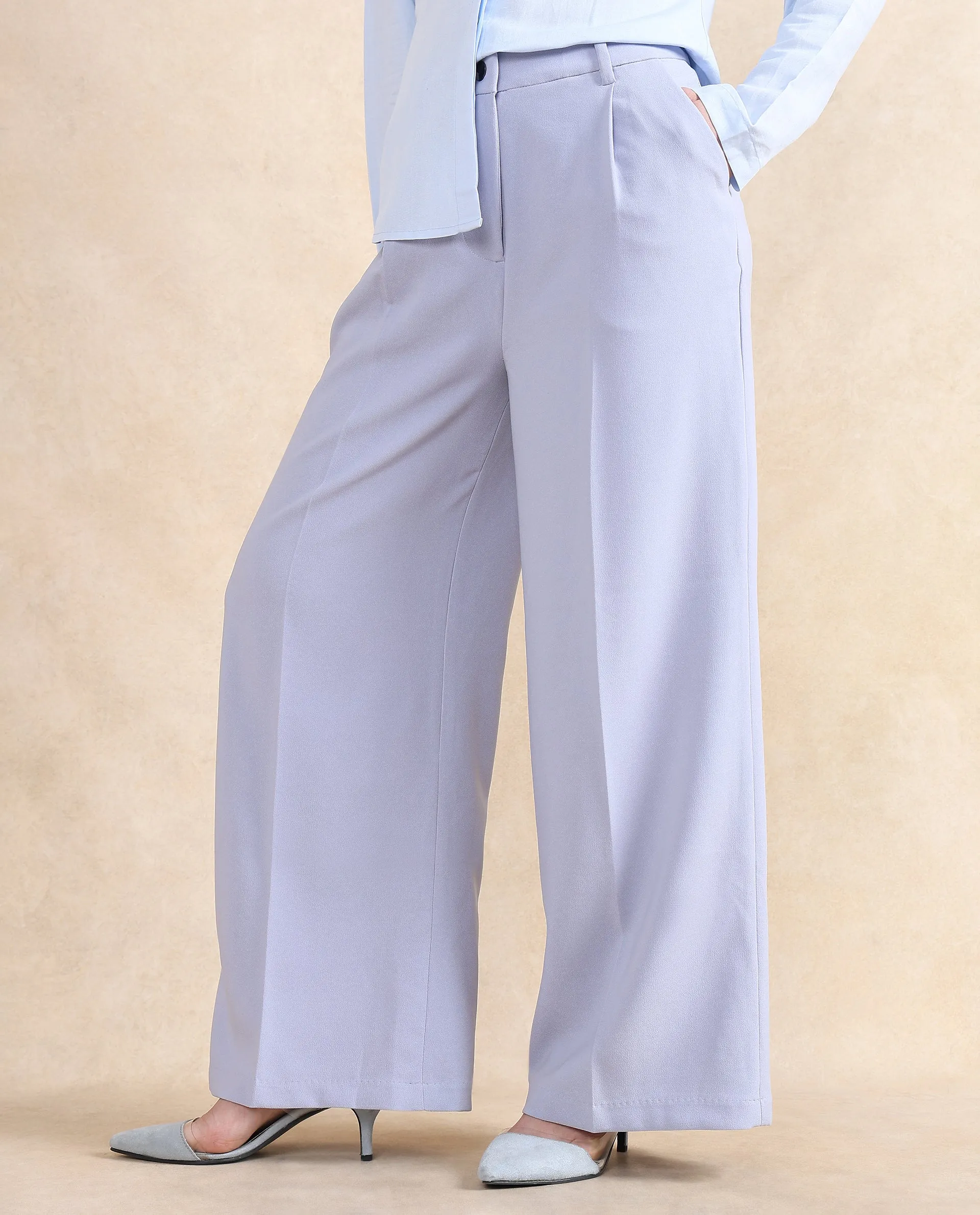 Rareism Women Erica Grey Button Closure Wide Fit Ankle Length Plain Trouser