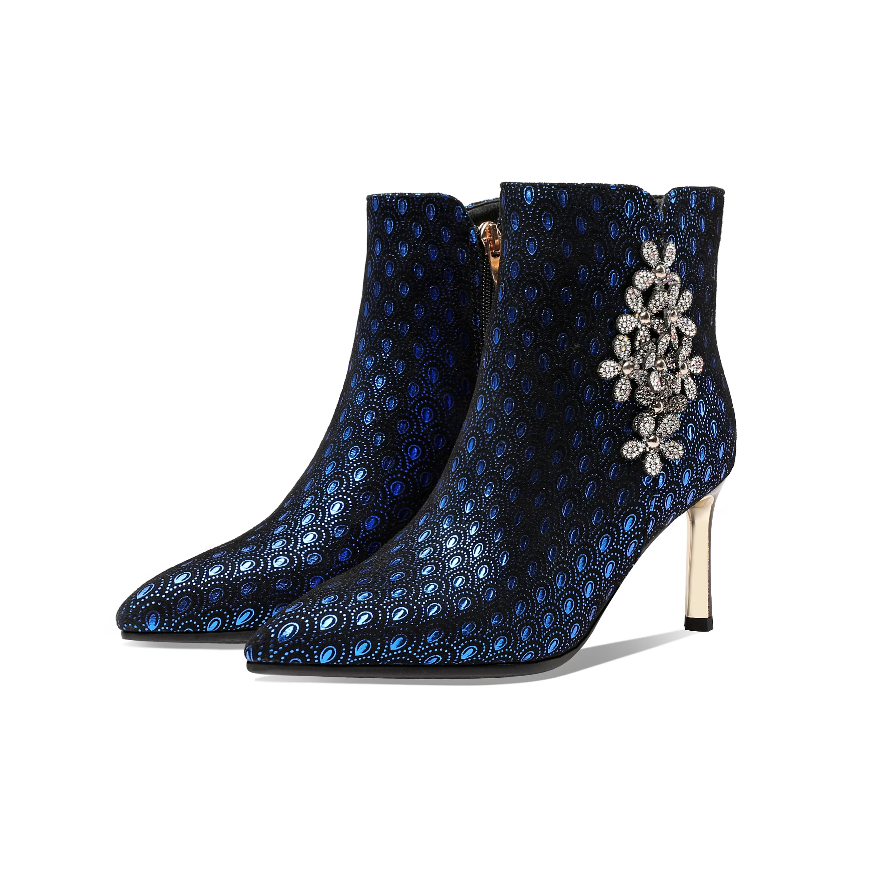 TinaCus Women's Handmade Leather Sexy Metal Heel Side Zip Up Pointed Toe Ankle Boots with Rhinestone Flower