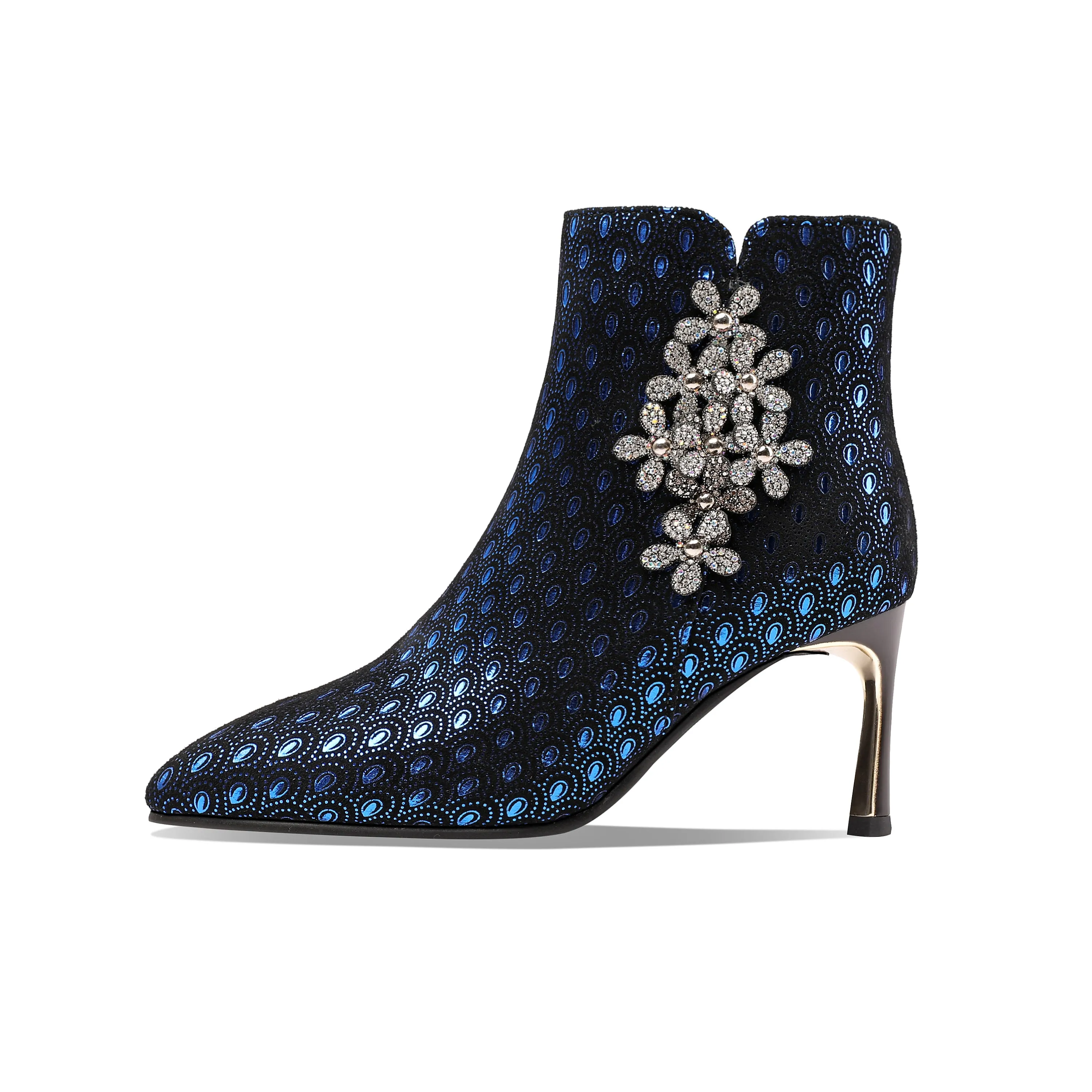 TinaCus Women's Handmade Leather Sexy Metal Heel Side Zip Up Pointed Toe Ankle Boots with Rhinestone Flower