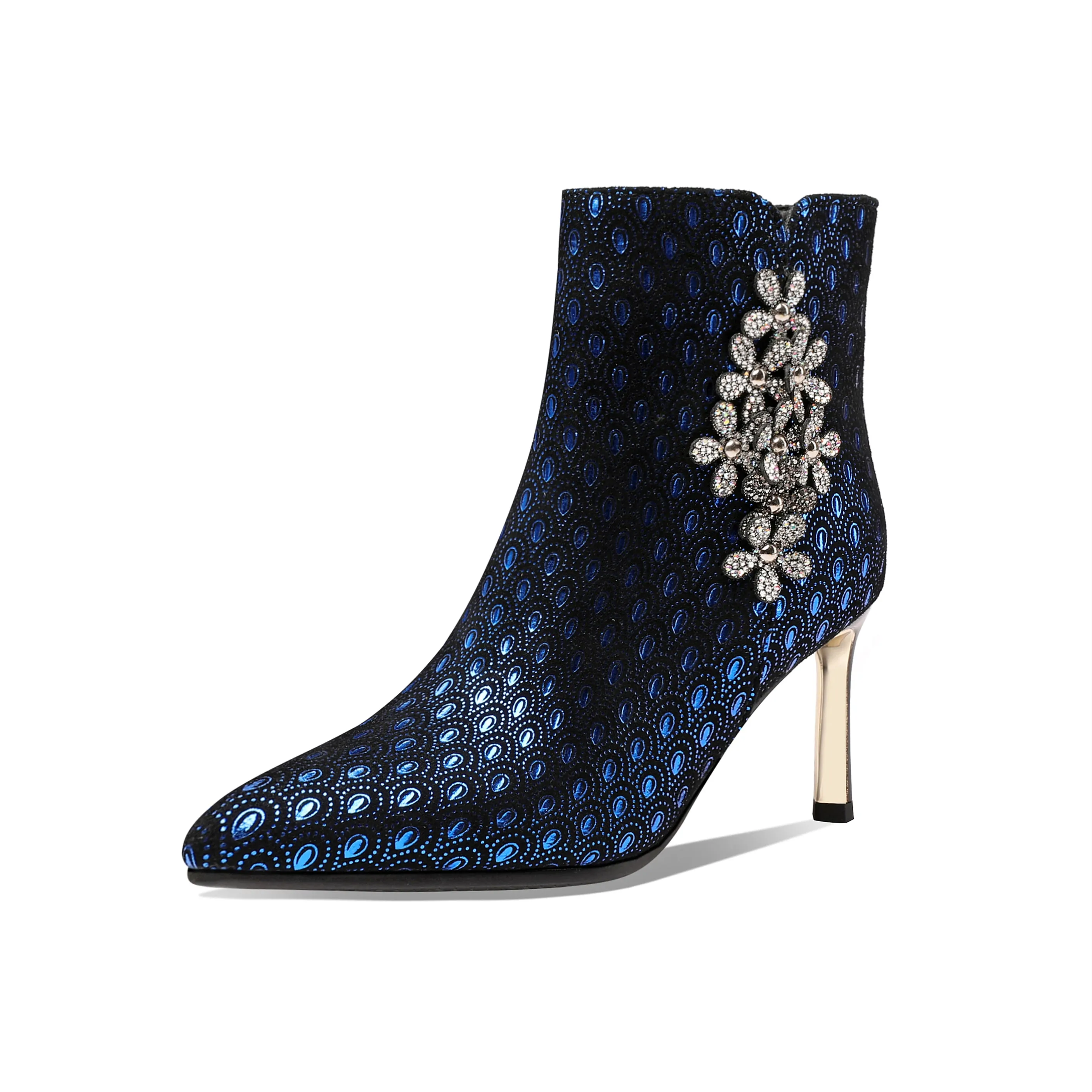 TinaCus Women's Handmade Leather Sexy Metal Heel Side Zip Up Pointed Toe Ankle Boots with Rhinestone Flower