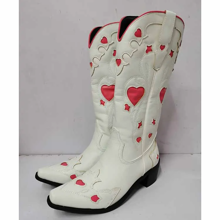 Women Black Embroidery Heart Cowgirl Boots, Embroidered Cowboy Western Knee High Heel boots